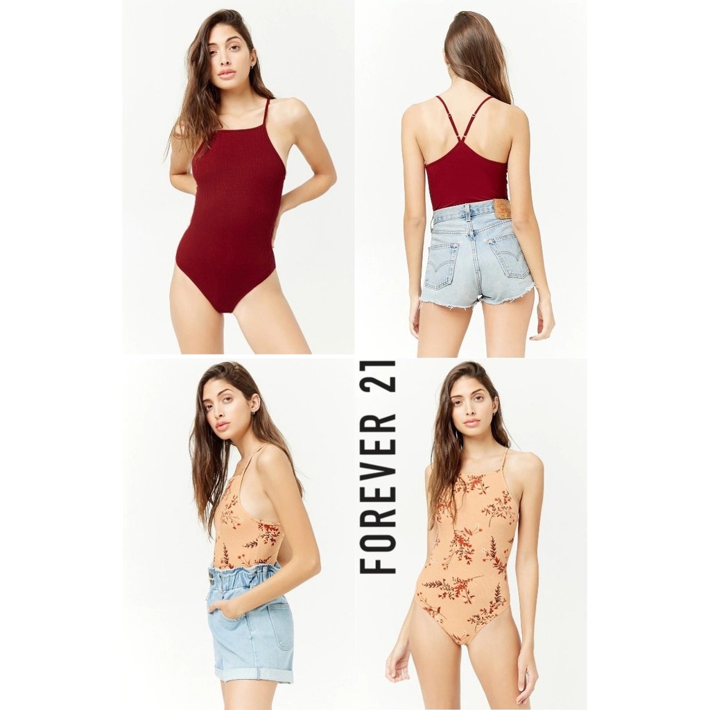 Bodysuit 2 dây trơn thun gân F21 cổ yếm 00270544