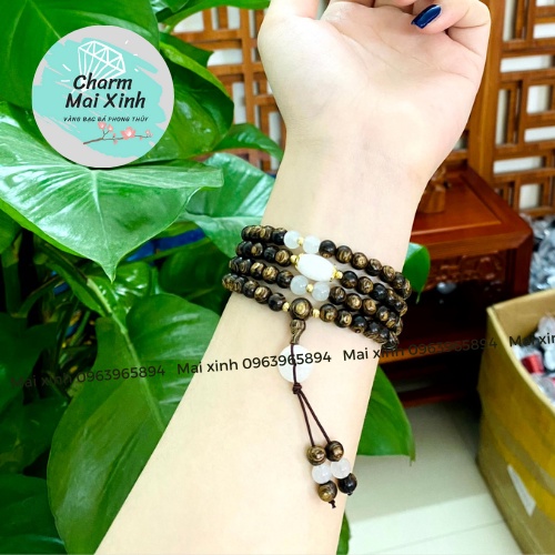 Chuỗi Trầm Hương Sánh chìm 108 phối Lu Đá và Cát Tường Ngoc Bích, Đồng Điếu, Hoa - Vòng Tay Gỗ tự nhiên Nữ phong thuỷ
