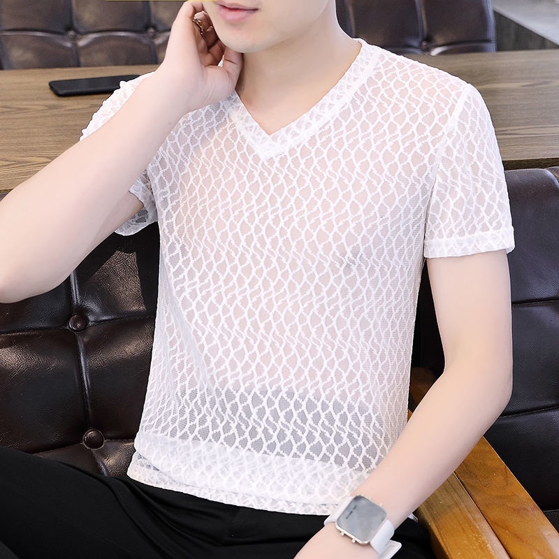 Áo Thun Tay Ngắn Cổ Chữ V Phối Lưới Siêu Mỏng Thời Trang Mùa Hè Cho Nam