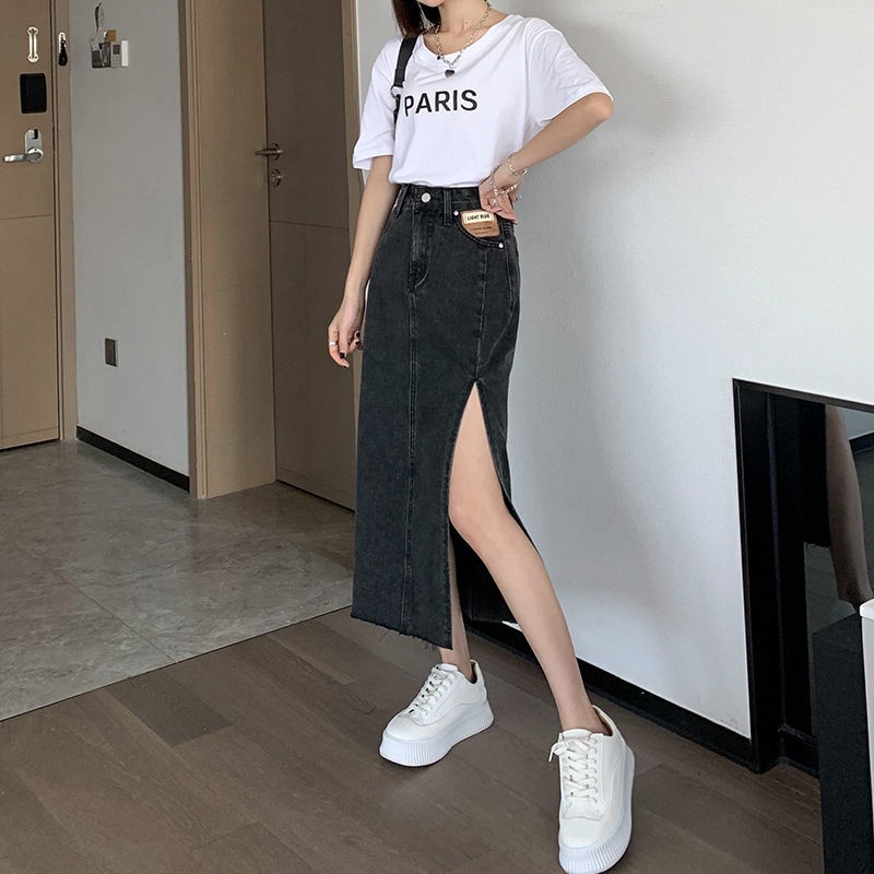 Chân váy jean chữ A lưng cao xẻ tà thời trang mới cho nữ