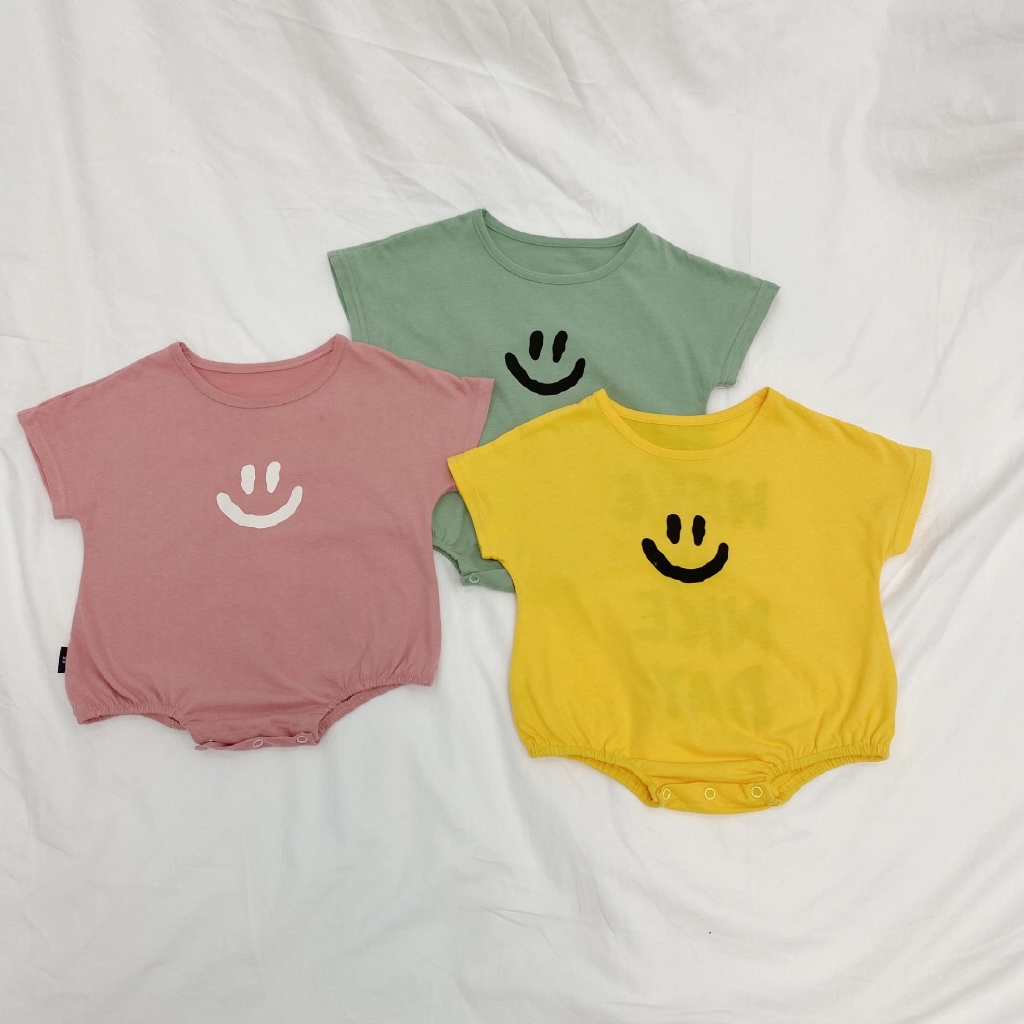 Bộ áo liền quần in chữ mặt cười cho bé 0-24 tháng tuổi