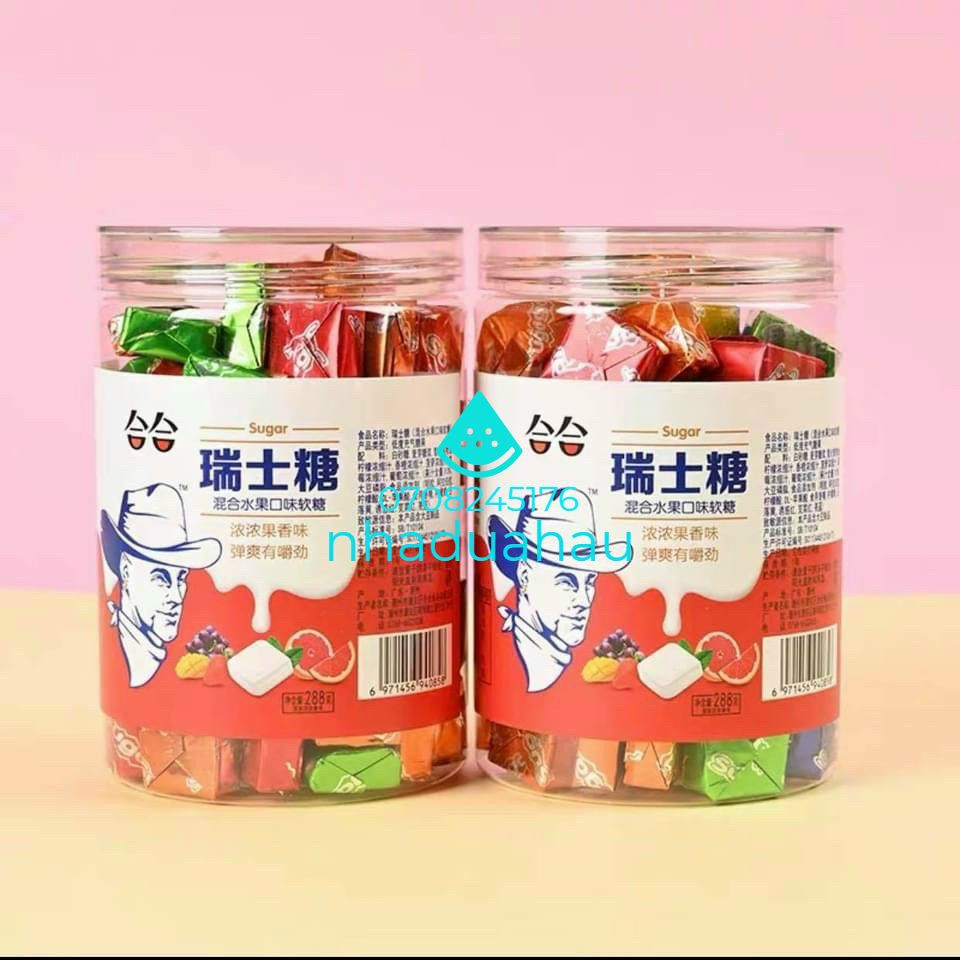 Một hủ kẹo sữa chua/ sữa bò/ trái cây mix vị hiệu HEHE Hongkong dạng hủ 288g