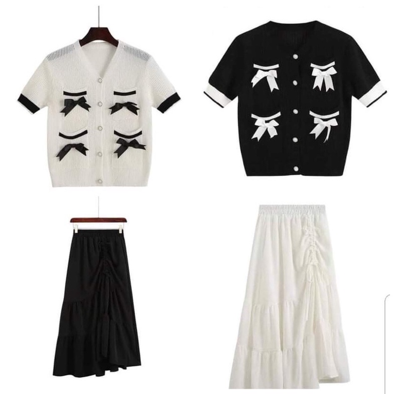 Set chân váy dài + áo nơ