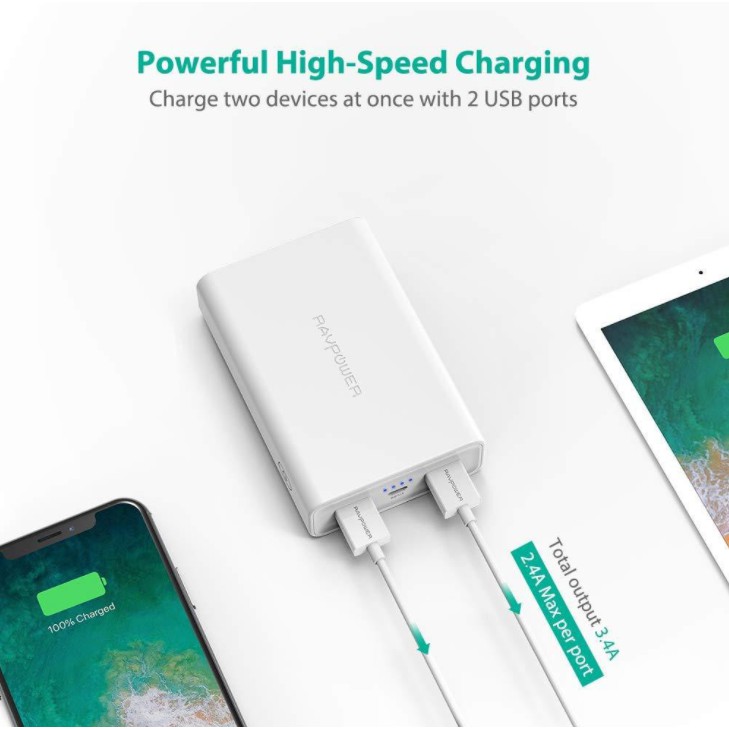 Pin Dự Phòng RAVPower RP-PB166 10000mAh QC  2.0, Output 3.4A cho iPhone IP 6 7 8 Plus 10 11 12 Pro max x xs giá rẻ