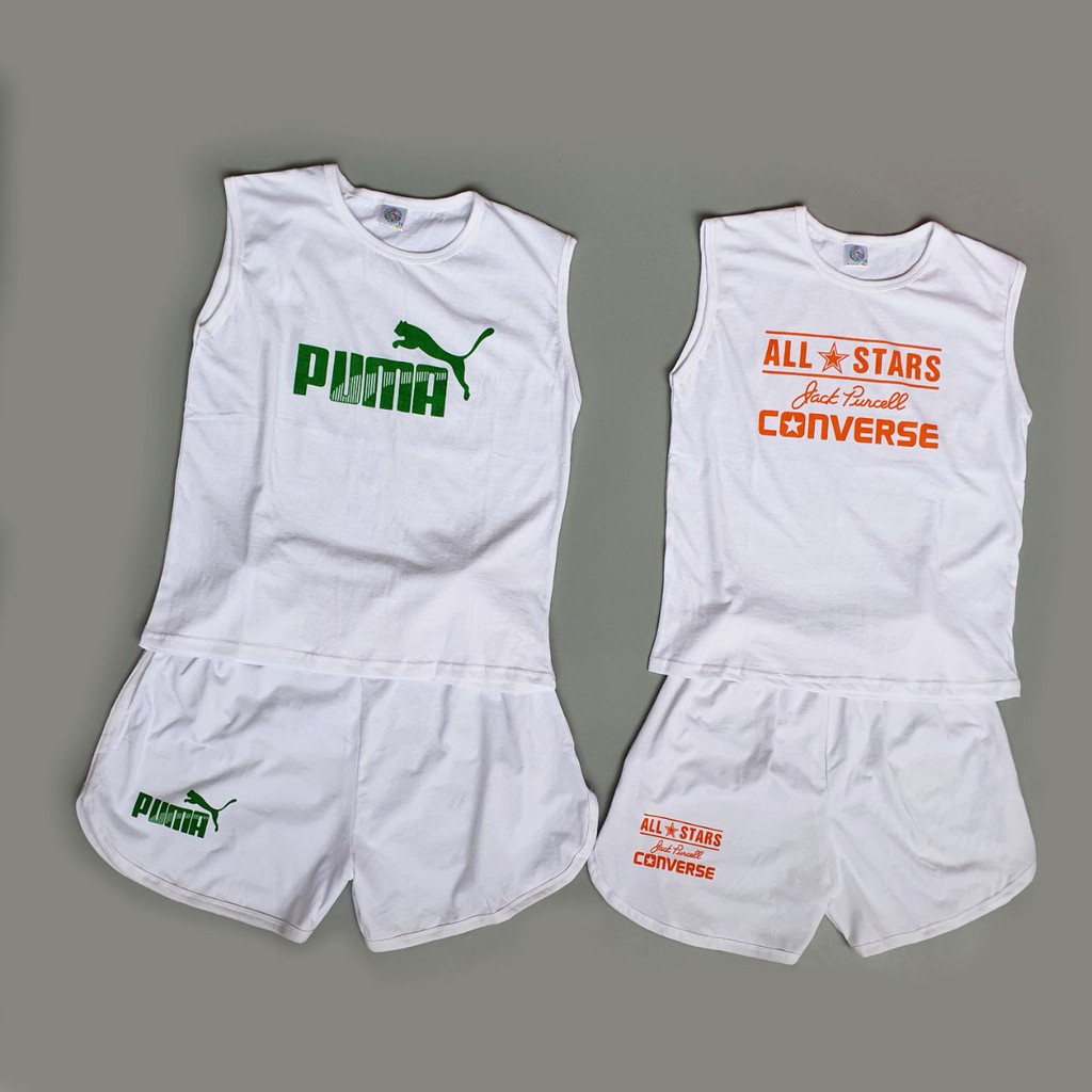 Bộ tay lỡ sát nách đại cotton 100% màu trắng in hình thể thao thoáng mát dùng mặc ngủ Bibo Kim Thu 11-20( 22-51kg)