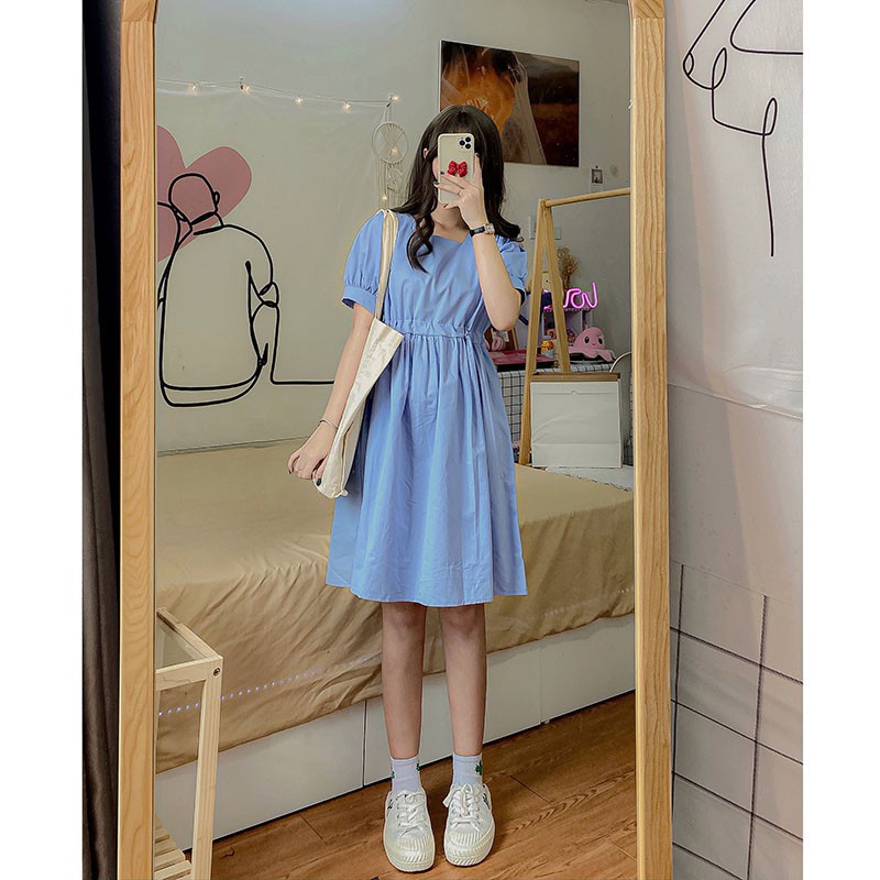 Đầm nữ tay bồng -váy babydoll cộc tay phối nơ bên tiểu thư dày dặn mềm mại không nhăn nhàu | BigBuy360 - bigbuy360.vn