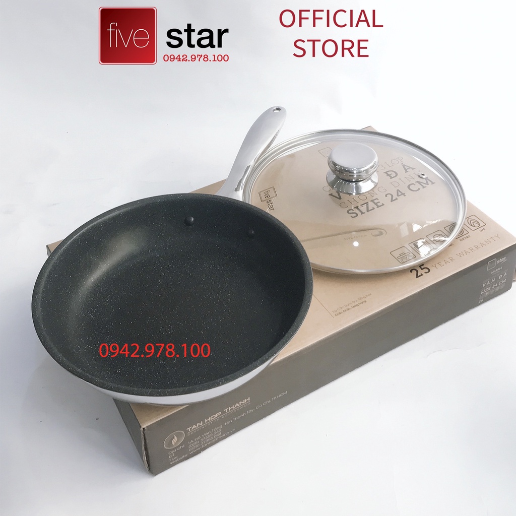 Chảo chống dính vân đá 3 lớp đáy liền inox 304 cao cấp Fivestar Plus có nắp kính  (22cm/24cm/26cm/28cm), tặng 5 muỗng ăn