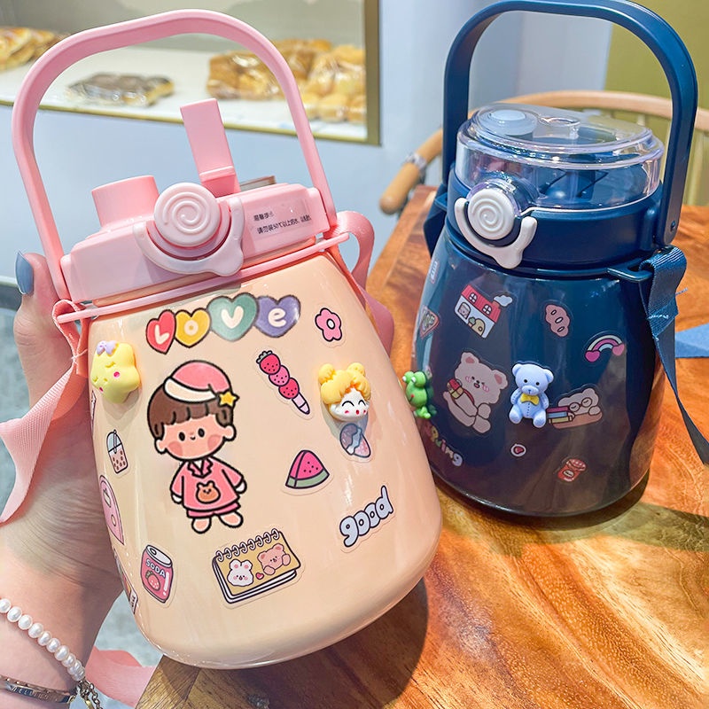 Bình đựng nước bằng thép không gỉ 304 thể tích 1100ml họa tiết hoạt hình kèm ống hút tiện dụng