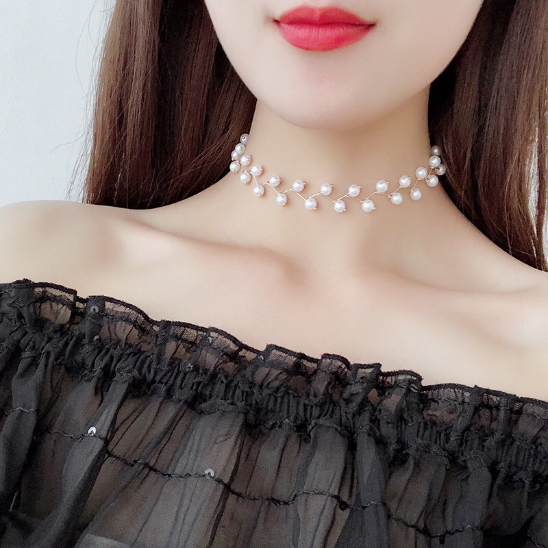 Vòng Cổ Nữ Choker Dây Chuyền Cổ Đính Hạt Cao Cấp - Màu Trắng/Đen