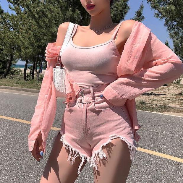 Bán Chạy!F &amp; X Quần Short Denim Dáng Chữ A Lưng Cao Màu Hồng Cá Tính Phong Cách Mùa Hè Size Lớn mm