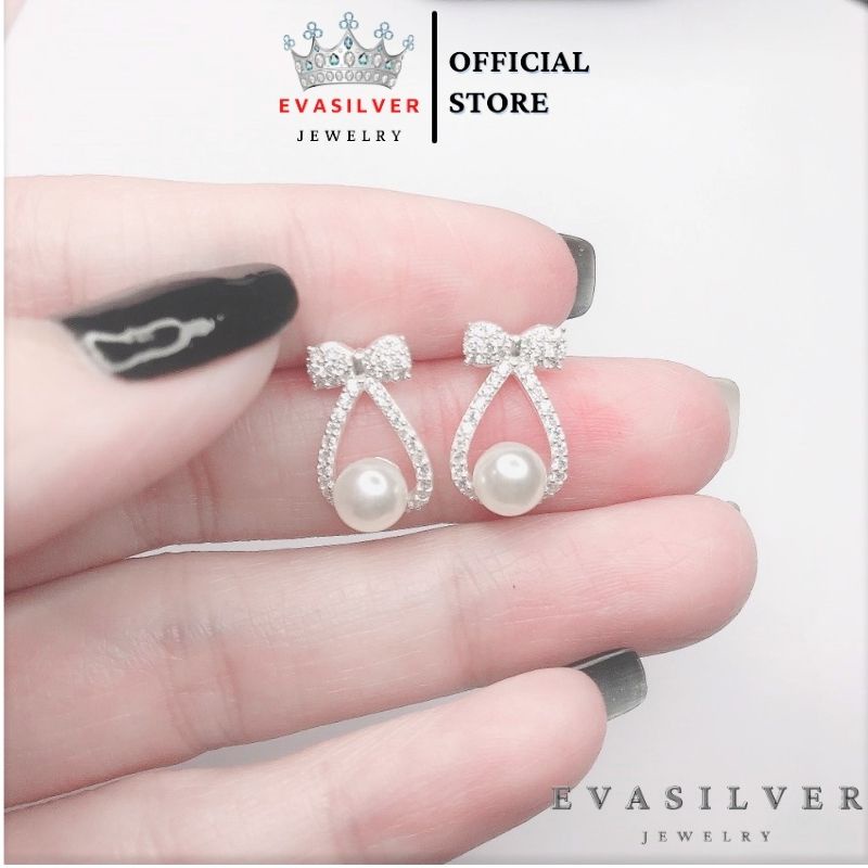 Bông tai bạc cao cấp Evasilver hình lơ đính ngọc trai, Khuyên tai chất liệu bạc ta sang trọng nữ tính