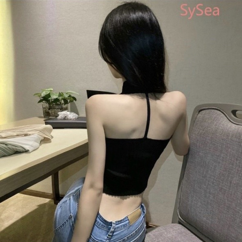 ÁO CỔ YẾM DÂY KÉO CROPTOP ĐEN TRẮNG