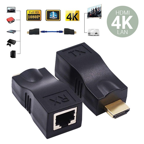 Đầu nối dài Lan ra HDMI 30M 4K - Mở rộng tín hiệu bằng Lan to HDMI Hỗ trợ Support CAT6, CAT5E