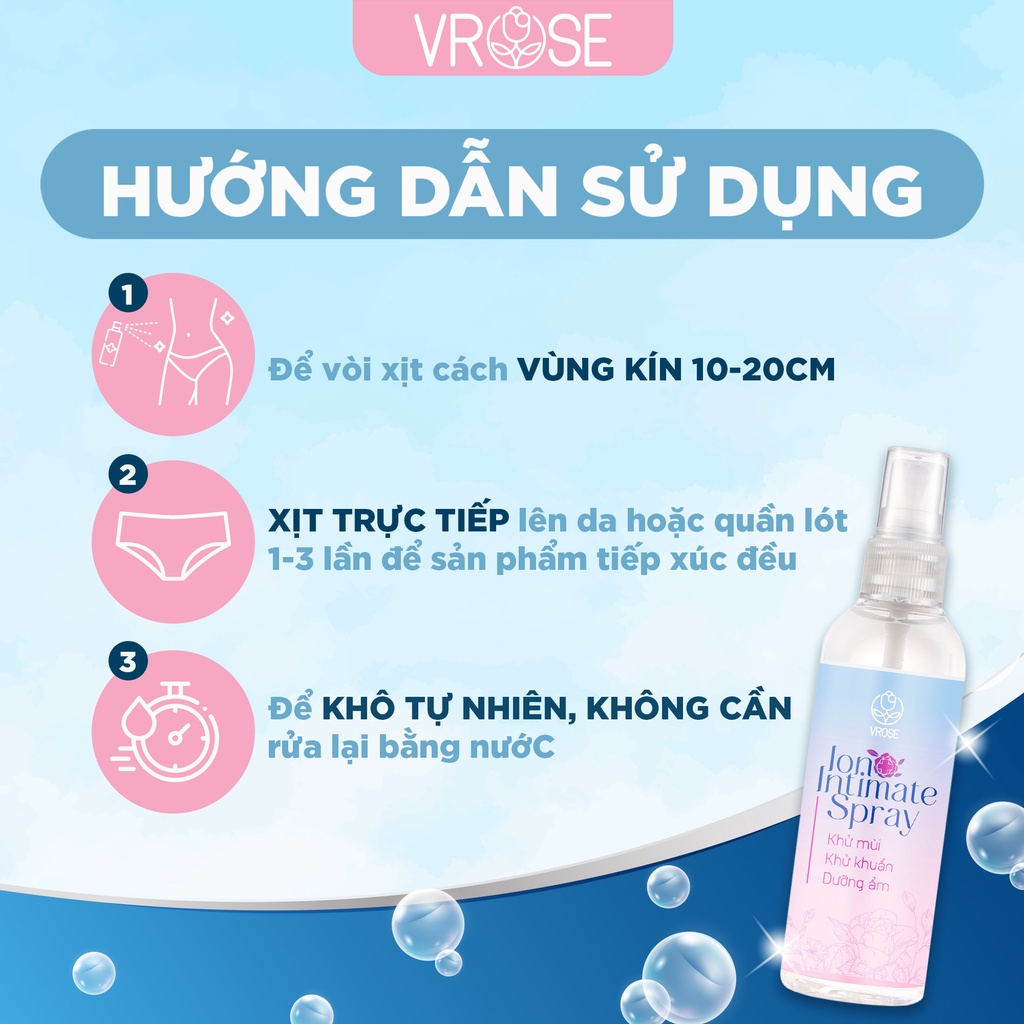 Xịt vùng kín  làm sạch và khử mùi  Vrose  Ion+ Intimate Spray 100ml đã kiểm nghiệm viện Pasteur