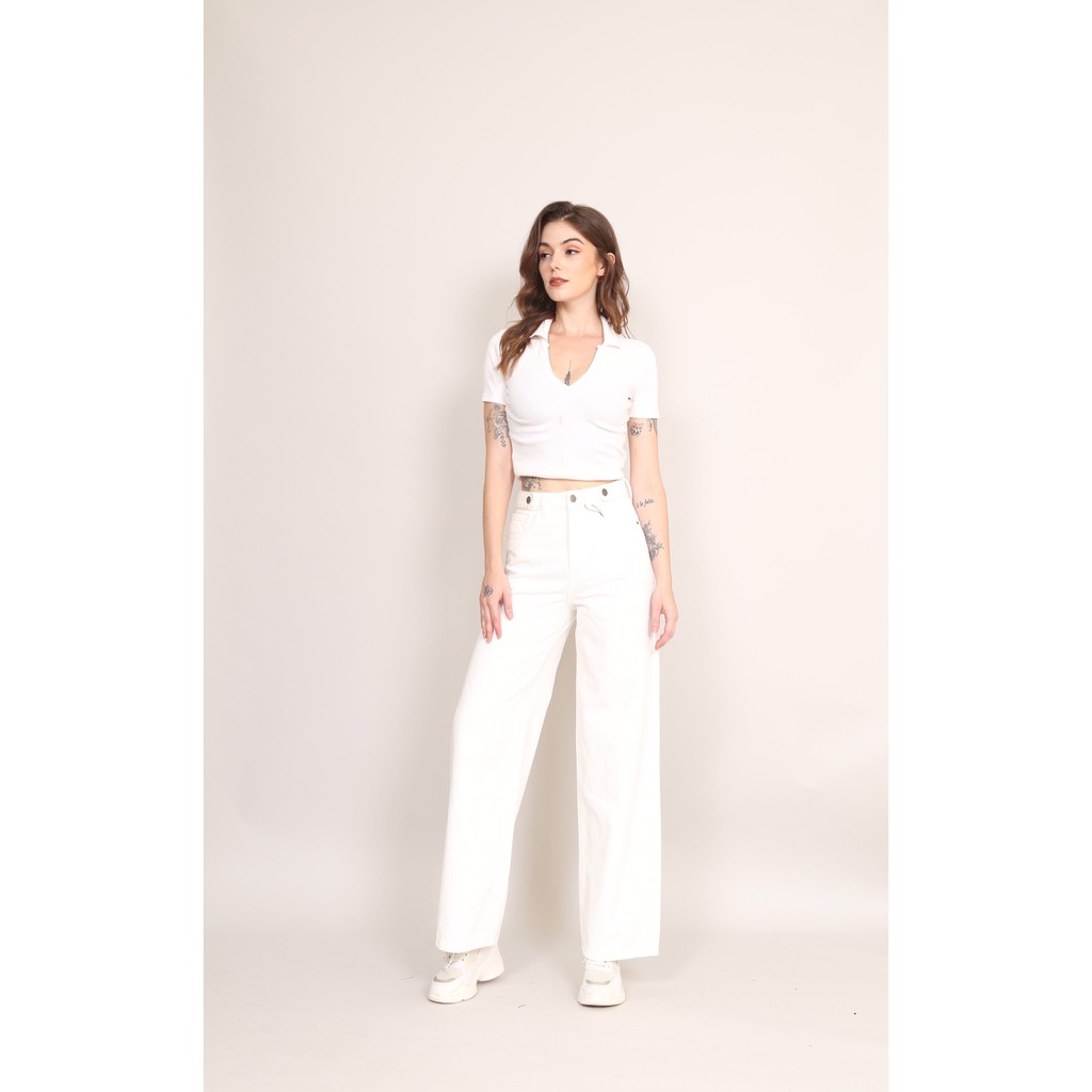 Quần Jean Nữ Ống Rộng Lưng Cao Nhiều Màu Trơn 3 Cúc Gấu Thường CT Jeans