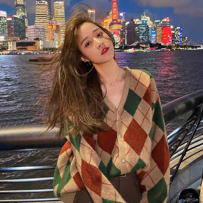 Áo khoác Cardigan thổ cẩm kẻ kim cương nhiều màu dáng ôm
