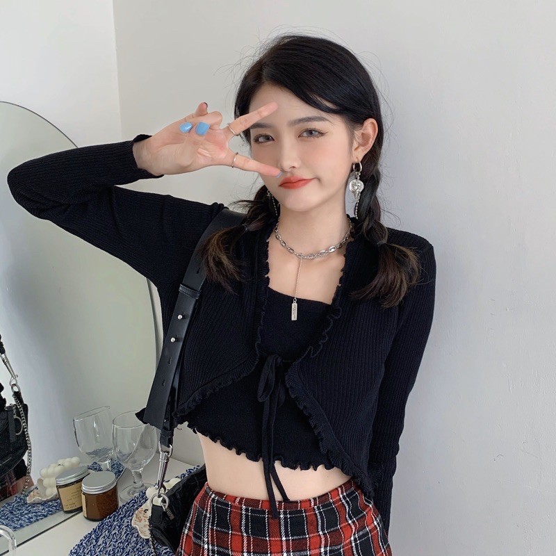 [CÓ SẴN+ẢNH THẬT] Áo croptop nữ len gân thắt nơ tay dài 2021 | BigBuy360 - bigbuy360.vn