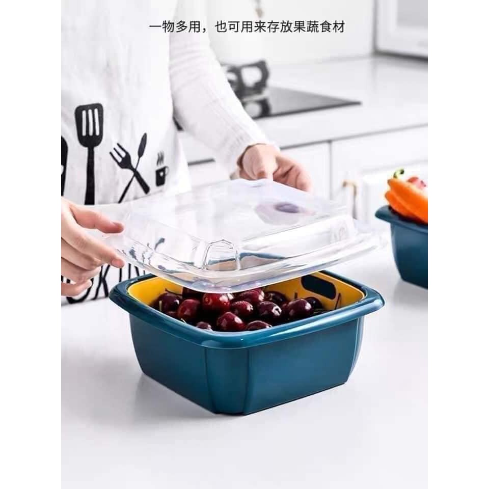 Hộp đựng thực phẩm có nắp đậy cao cấp mẫu vuông, khay nhựa để tủ lạnh kèm rổ ráo nước để bảo quản rau củ quả tiện dụng