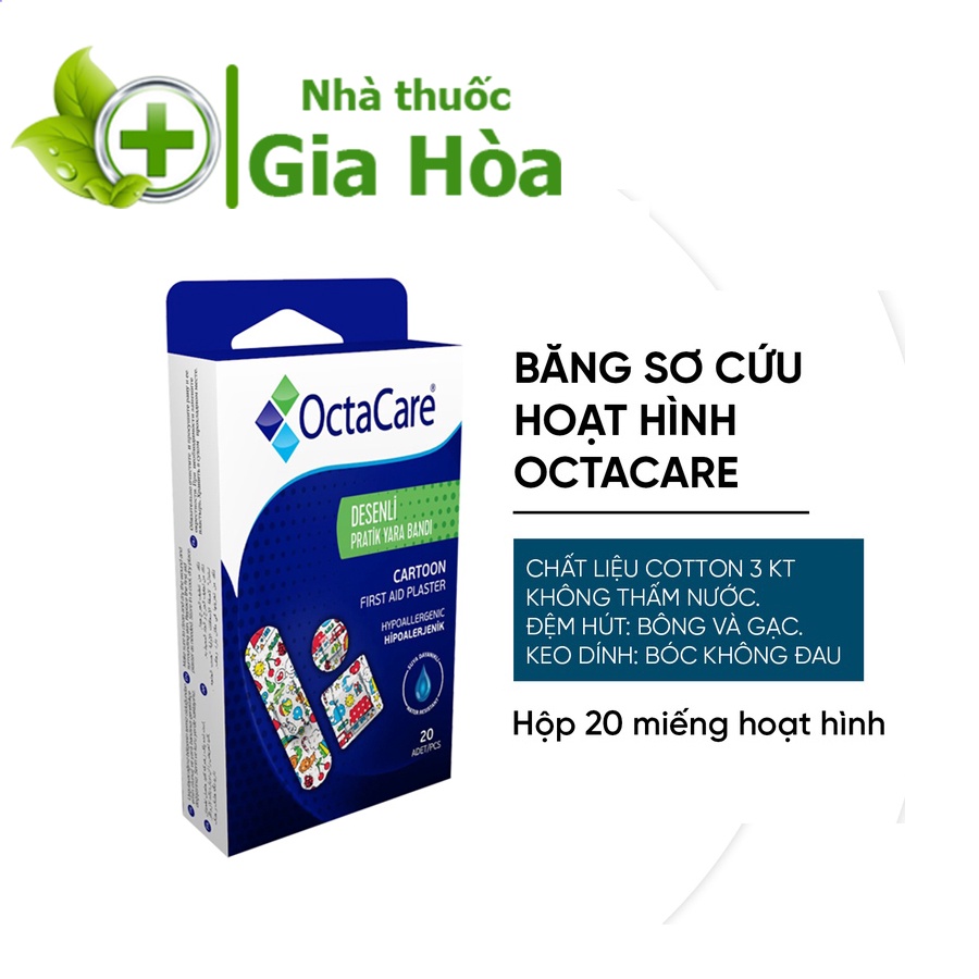 Băng dán sơ cứu y tế / Băng cá nhân OCTACARE họa tiết trẻ em không kích ứng, chịu nước - Hộp 20 Miếng