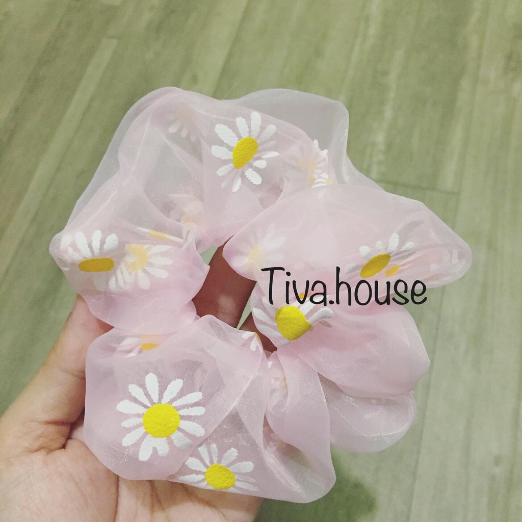 Scrunchies dây buộc tóc vải voan kính trong suốt chun co giãn hình hoa cúc thời trang Hàn Quốc cho bạn gái