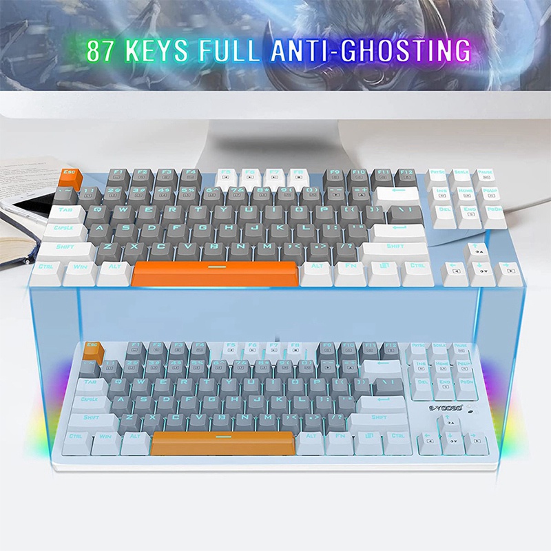 Bàn phím cơ chơi game E-YOOSO 87 phím có dây và đèn nền màu xanh dương