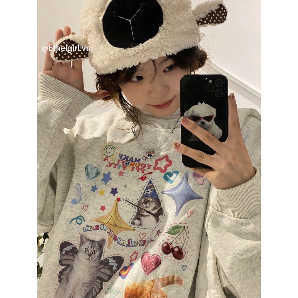 Ethelgirl Áo hoodie Xám Mỏng Cổ Tròn In Họa Tiết Hoạt Hình Cổ Điển Cho Nữ