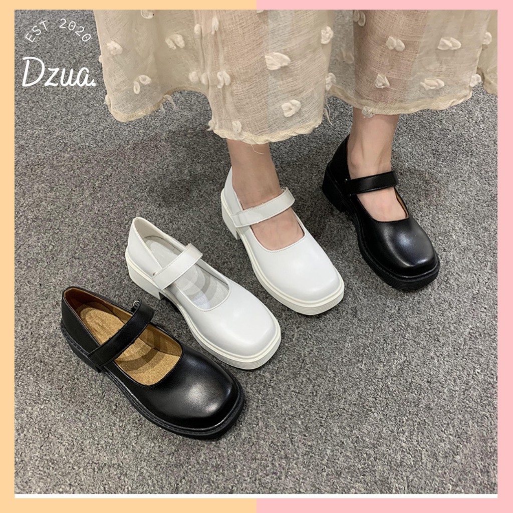 Giày ulzzang phong cách Retro mũi vuông quai dán đen, trắng