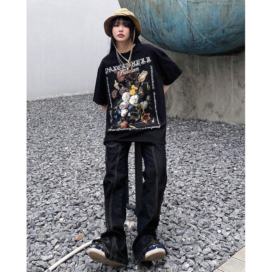 Áo phông nữ thời trang những bông hoa đen ngắn tay cổ tròn oversize thun form rộng unisex 100% cotton