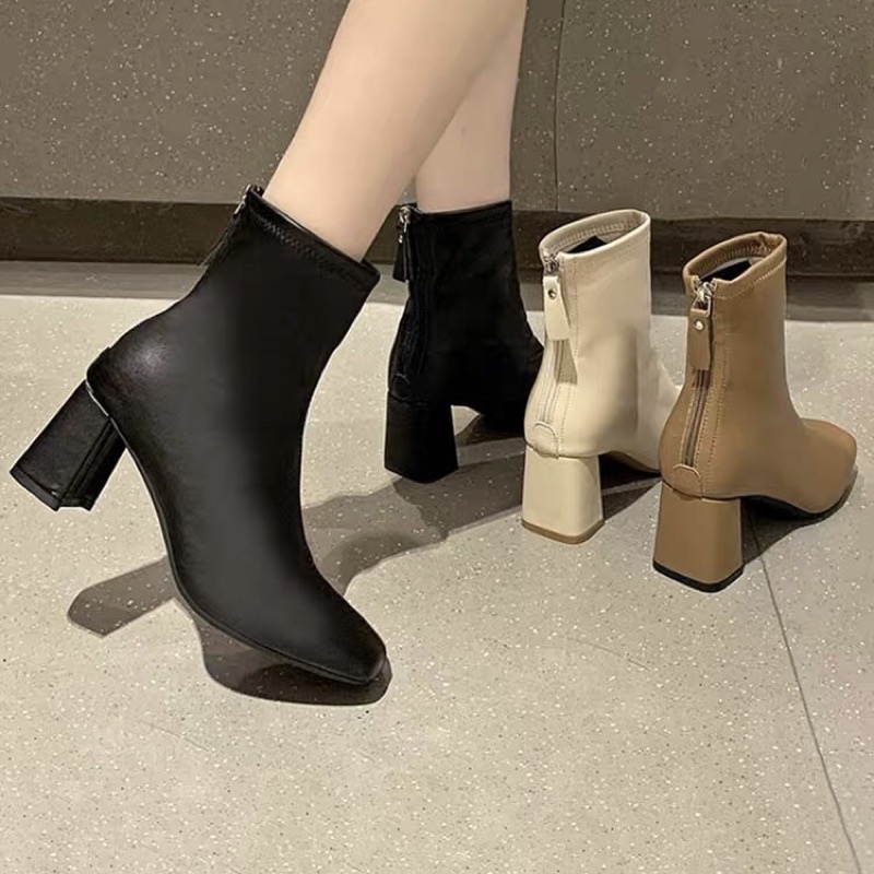 Boots da nữ cổ ngắn gót vuông cao 6cm ôm chân có khoá kéo