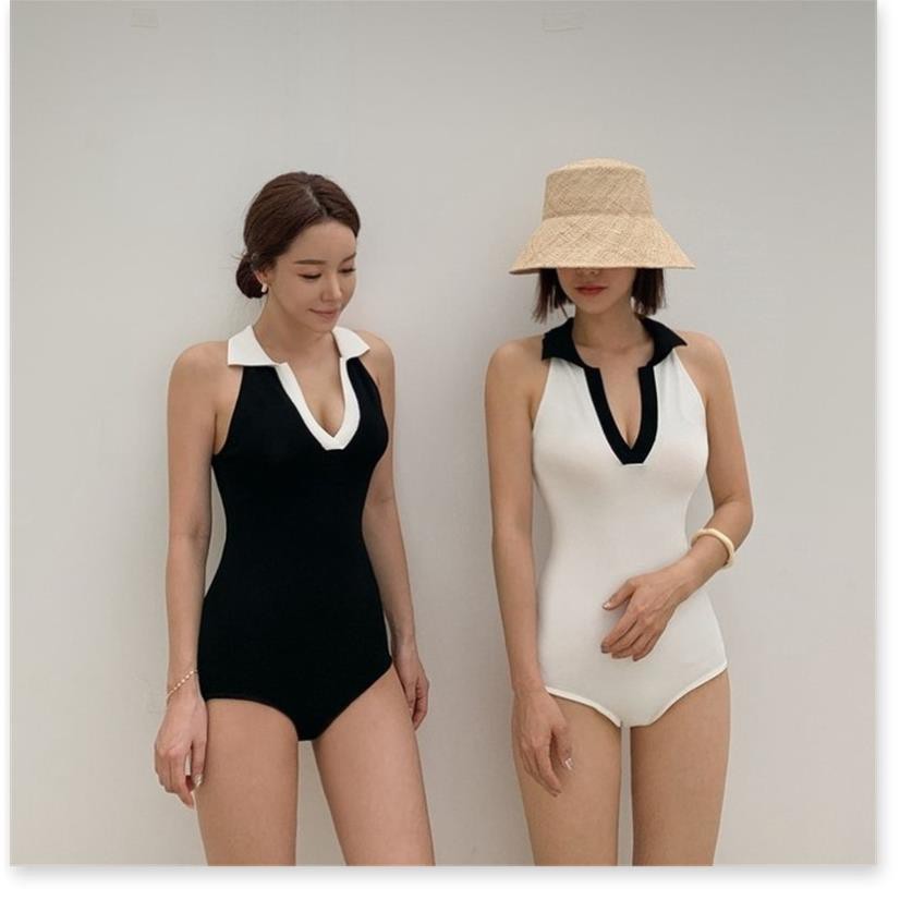 Bikini đẹp, Áo tắm biển nữ sản xuất Áo tắm nữ một mảnh phong cách Hepburn của Pháp Đồ bơi nữ sexy đen trắng Hàn Quốc