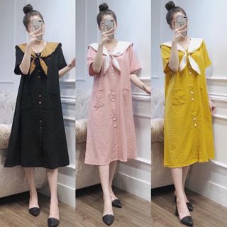 [Ảnh thật] Váy bầu suông Cộc tay mùa hè, cổ thủy thủ, chất đũi - 𝐕𝟐𝟗