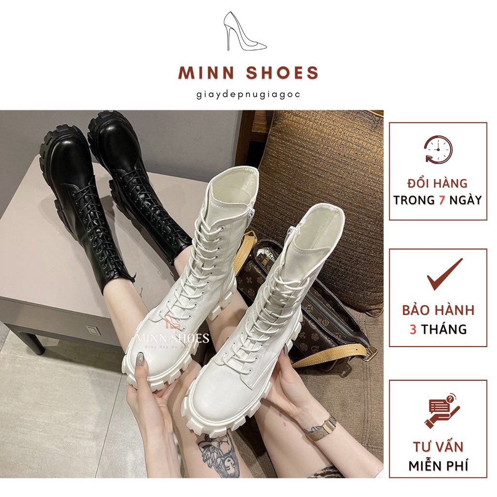 Bốt dây cổ cao 20cm ulzzang khóa kéo đế vuông 5cm 2 màu đen trắng thời trang thu đông 2021 (B3) | BigBuy360 - bigbuy360.vn