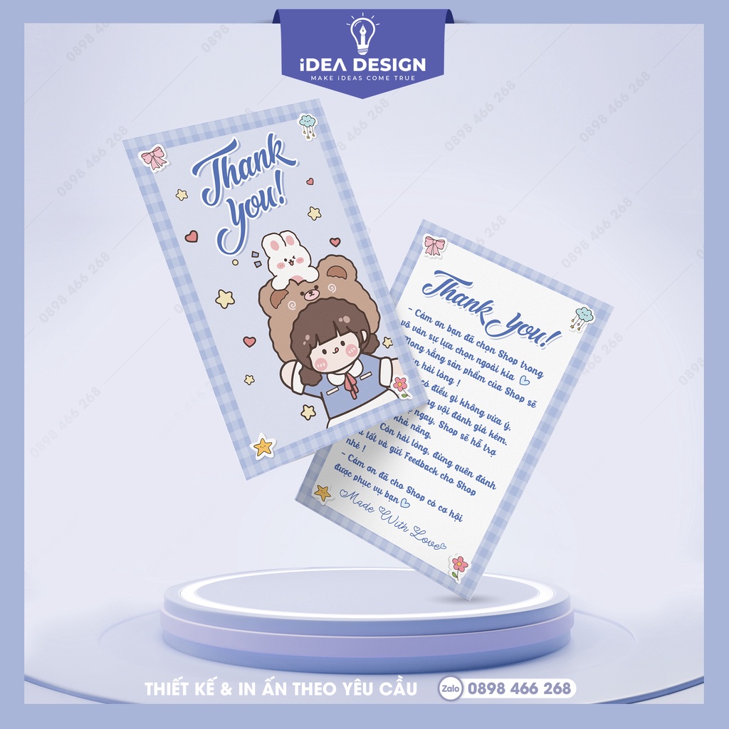 Card Cám Ơn, Card Thank You, Thiệp Cảm Ơn - Size 9x5,4cm - Giấy C300 Cán Màng Mờ 2 Mặt Em Bé Cute - Màu Tím Xanh