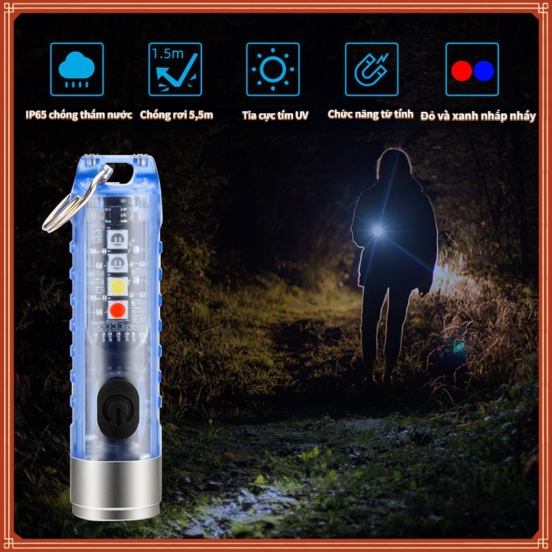 Đèn pin kiêm móc khóa, Móc khóa đèn pin LED mini 10 chế độ sáng không thấm nước, Đèn pin mini siêu sáng sạc type C
