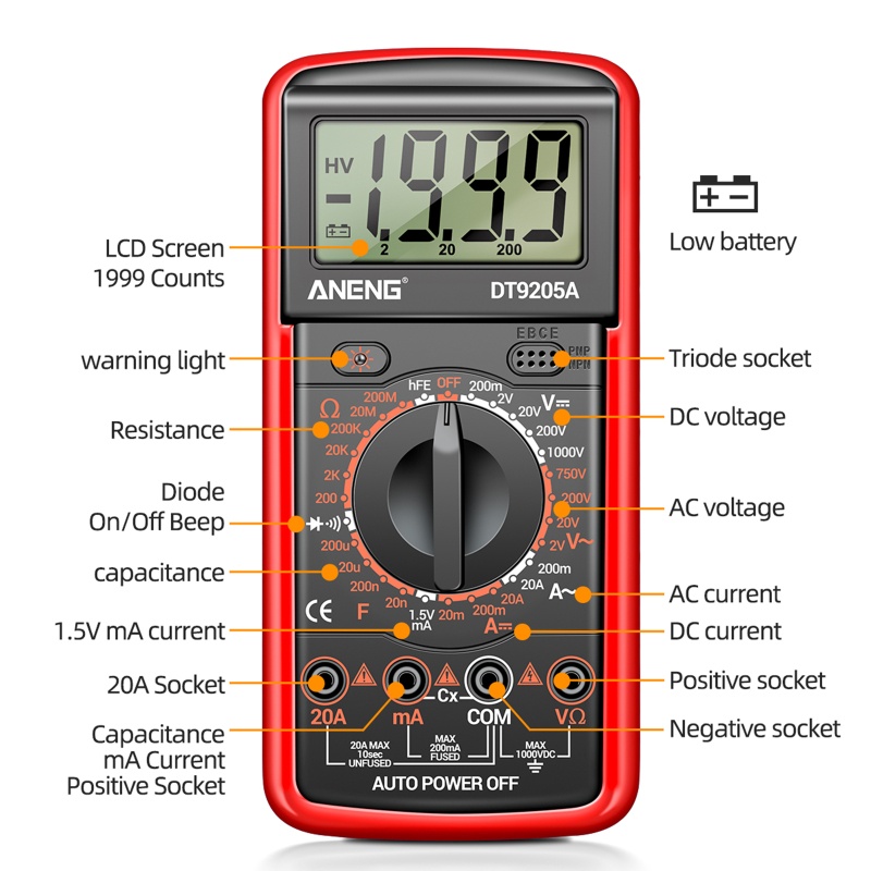 Vạn Năng Kế Kỹ Thuật Số Cầm Tay AC Cho DC Volt- Amp Ohm Hz