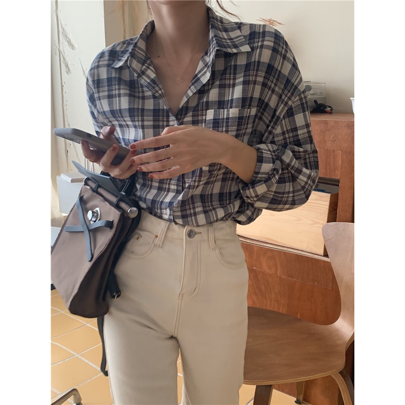 SUXI Áo Sơ Mi Tay Dài Form Rộng Họa Tiết Sọc Caro Phong Cách Retro Hàn Quốc