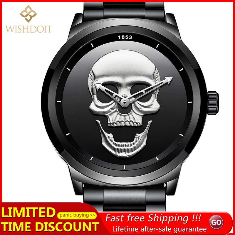 【Official product】WISHDOIT Simple atmosphere watch Waterproof swim watches stainless steel personality Crossbones skull casual watch Boutique popular watches Black watch Quartz watch fashion trend Young man watch.