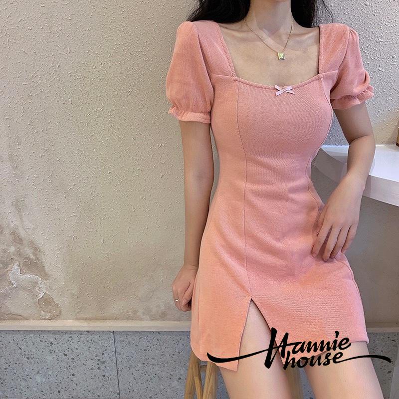 Đầm tay phồng cổ vuông eo cao xẻ tà thời trang phong cách cổ điển dành cho bạn nữ