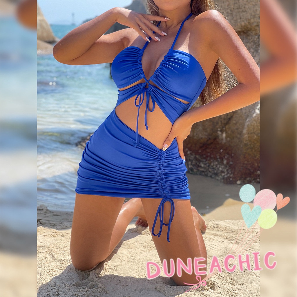 DUNEA Đầm hai dây ôm dáng thiết kế xếp ly quyến rũ cho nữ