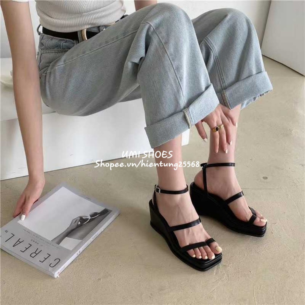 ❀☊[NEW] Sandal nữ quai mảnh đế xuồng cao 5cm lượn sóng xỏ ngón cách điệu mũi vuông màu đen/trắng chất đẹp dễ phối đồ kẹp