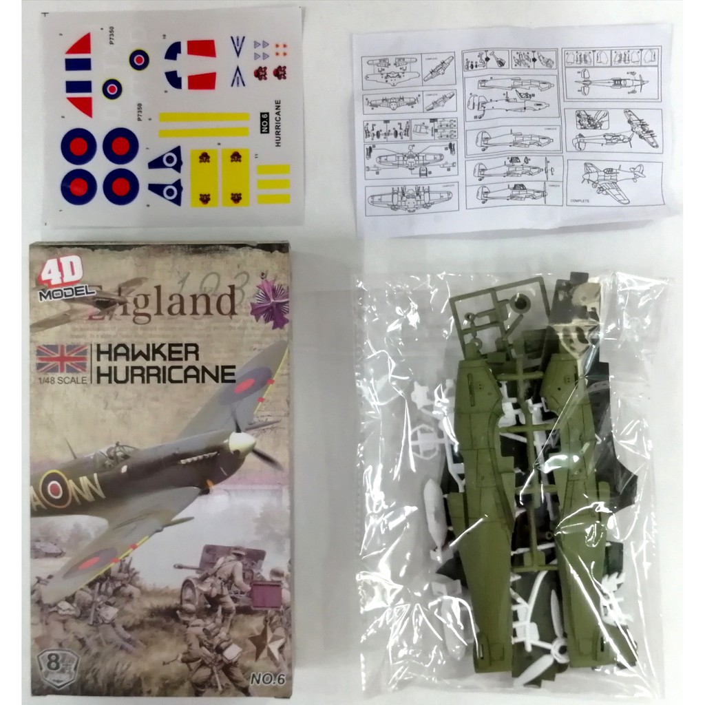 Mô hình quân sự Máy bay tiêm kích Hawker Hurricane không quân Hoàng gia Anh 1936, Mô hình nhựa lắp ráp 4D tỷ lệ 1:48