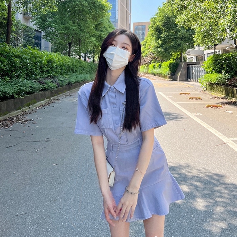 Đầm denim IELGY cổ bẻ ôm eo phong cách Pháp xinh xắn cho nữ