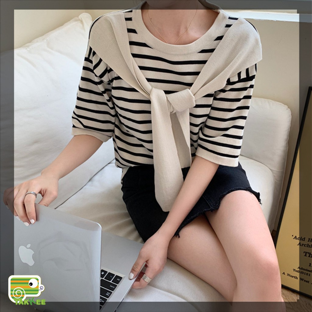 Áo len Cộc Tay Cổ Buộc Vạt Cá Tính
