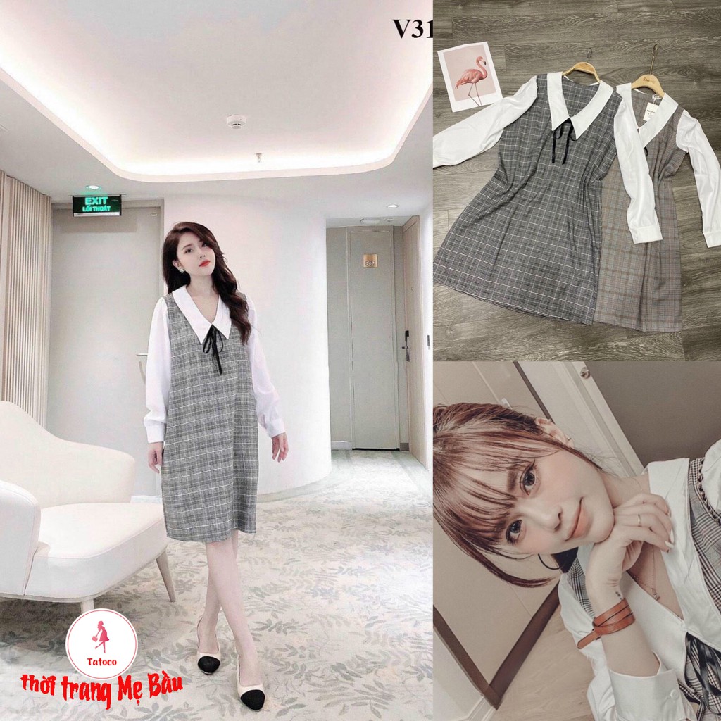 váy bầu dài tay kẻ phối max xinh , form 45 -70kg (hình thật).