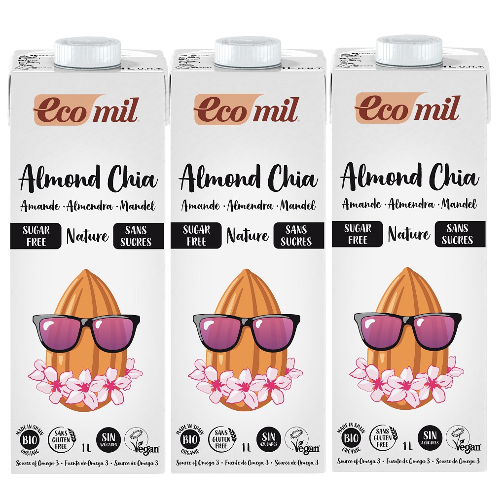 [Lốc 3 Hộp] Sữa Hạt Hạnh Nhân Hạt Chia Không Đường Hữu Cơ Ecomil (1L) - Organic Almond Chia Milk Sugar Free (1L)