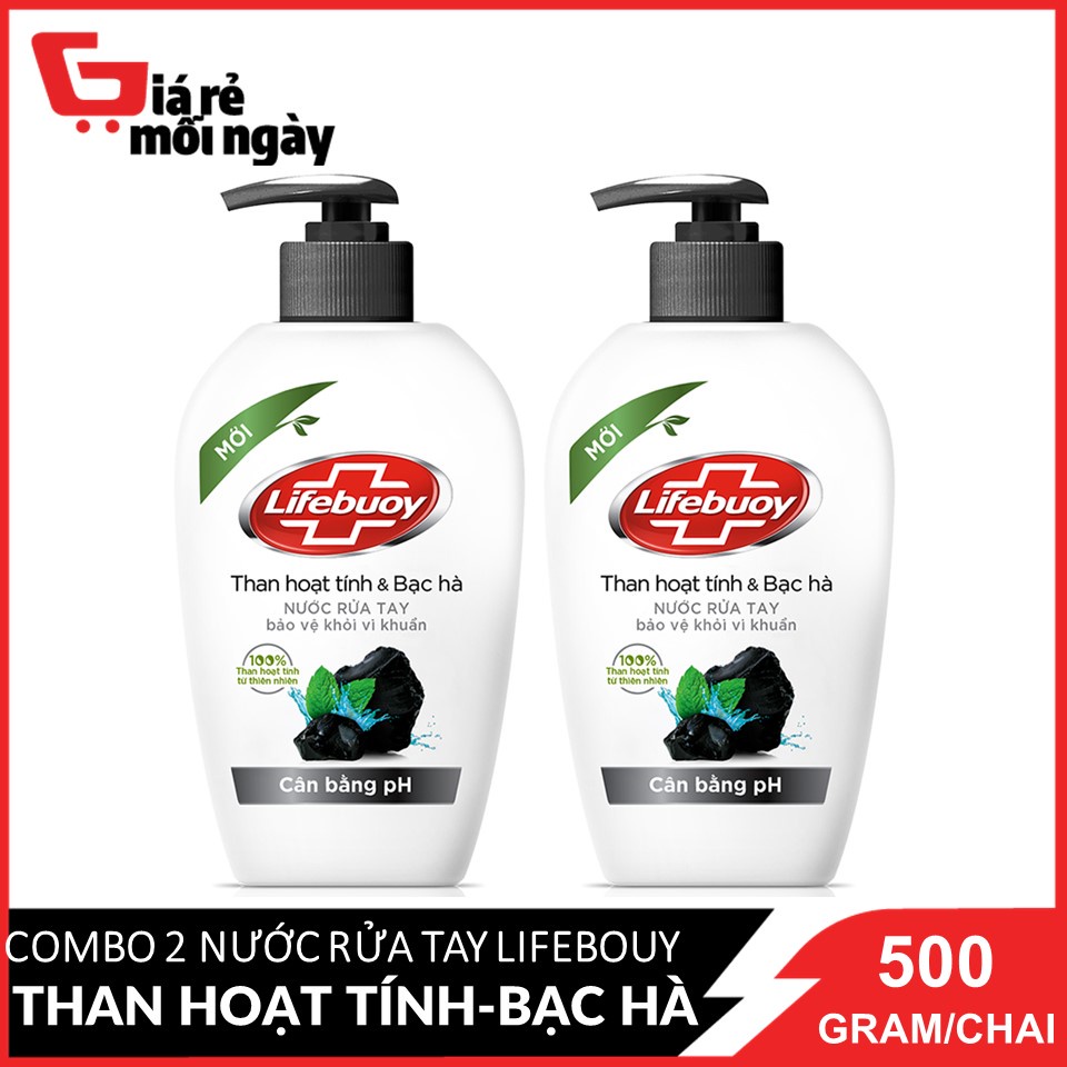 Combo 2 chai Nước rửa tay diệt khuẩn Lifebuoy Than hoạt tính &amp; Bạc hà (Đen) 500gX2