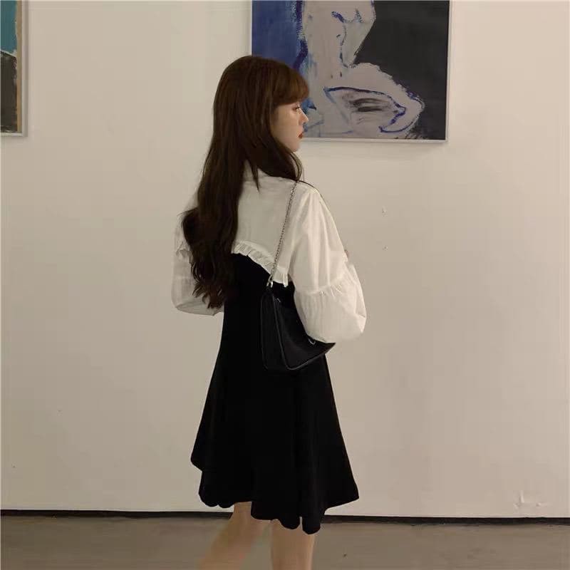 Set Khoác Sơ Mi Lửng + Váy Xoè 2 Dây (Trắng-Đen) | BigBuy360 - bigbuy360.vn