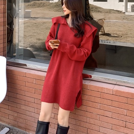 [ORDER] Đầm Len Đỏ Dài Tay - Váy Len Dáng Ngắn Xẻ Tà  Mùa Thu Phong Cách Hàn Quốc VD135 ICC Official Store
