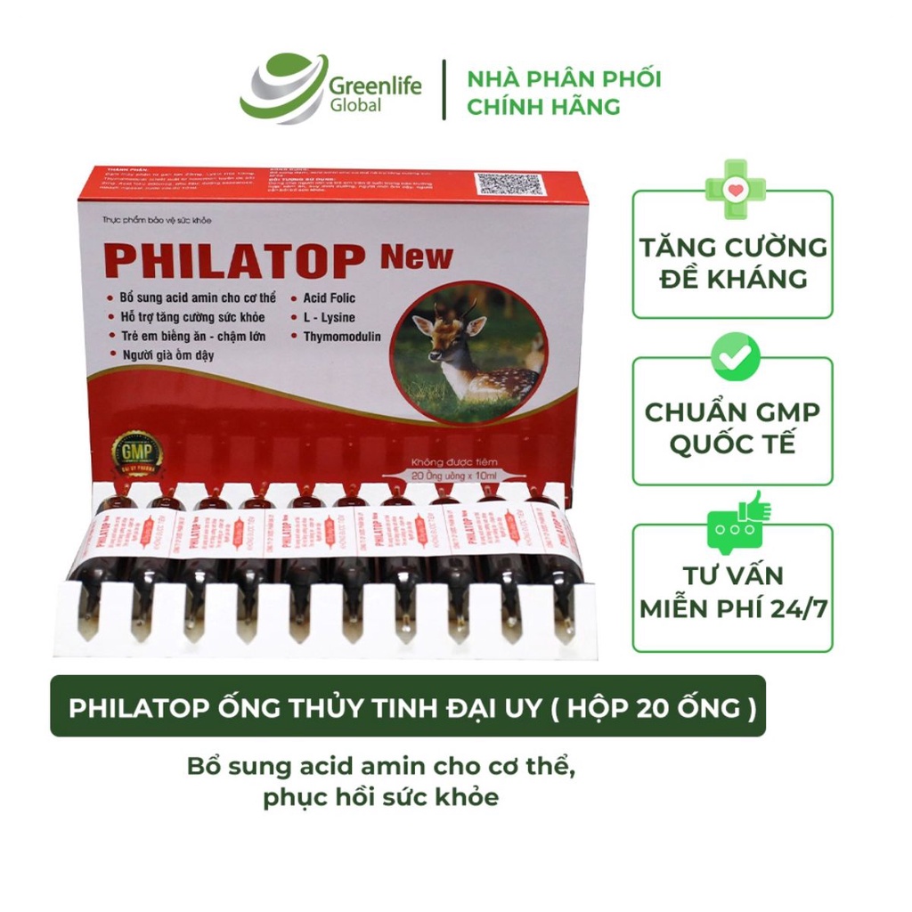 Philatop New ống thủy tinh Đại Uy chính hãng cho trẻ biếng ăn, chậm lớn, còi xương, người già đề kháng kém (hộp 20 ống)