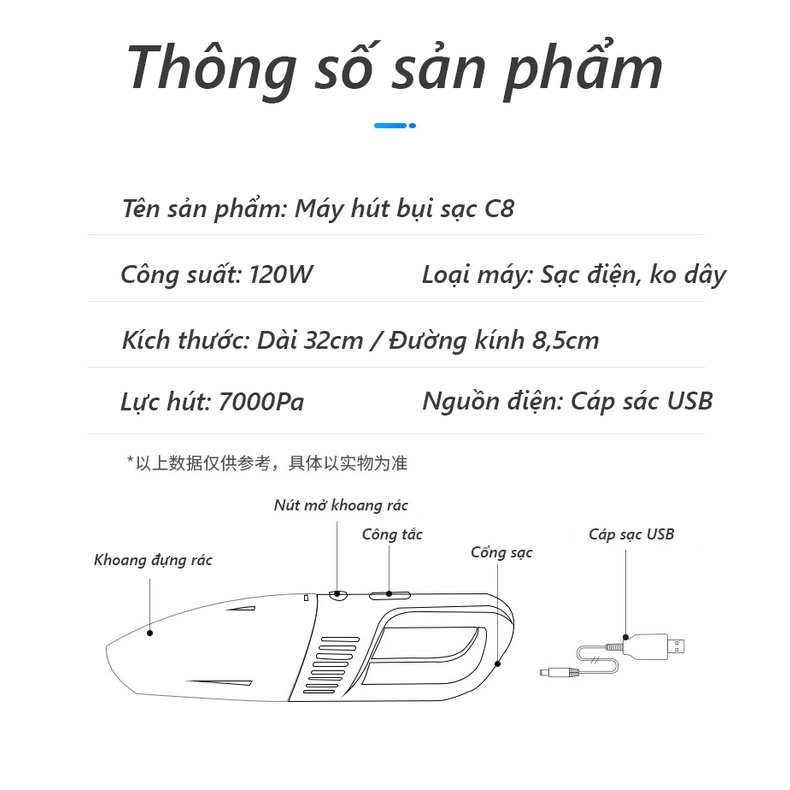 Máy hút bụi gia đình, ô tô mini cầm tay C8 siêu mạnh, không dây tiện dụng có kèm các đầu hút, dây sạc USB